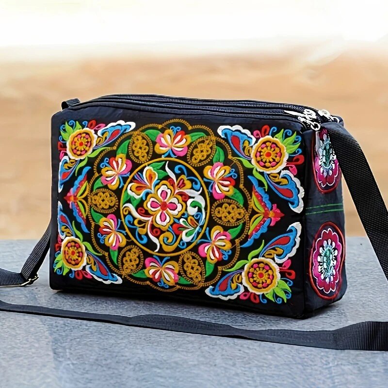 Travel Accessories Luxury - Damen-Umhängetasche aus Nylon mit bestickten Blumen,