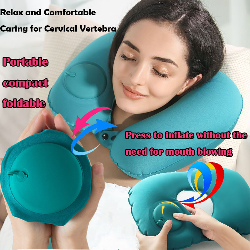 Travel Pillow Inflatable - Tragbares, aufblasbares Nackenkissen mit Flockbeschichtung, das