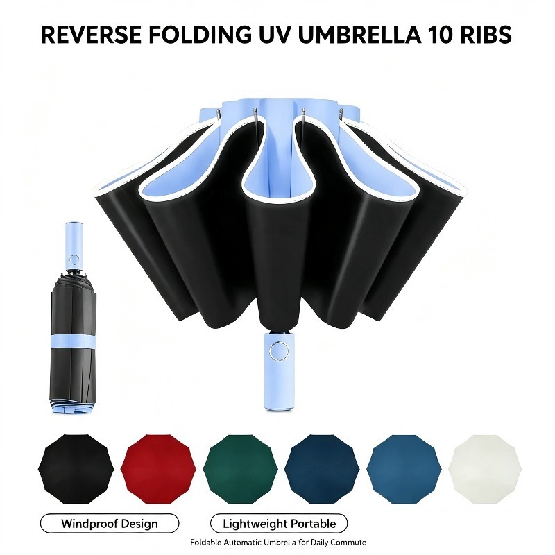 Travel Umbrella Compact - Automatischer UV-Schutz-Regenschirm mit 10 Rippen, umgekehrtes